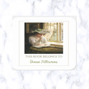Editable Lady Reading By A Window Bookplate Square Sticker
