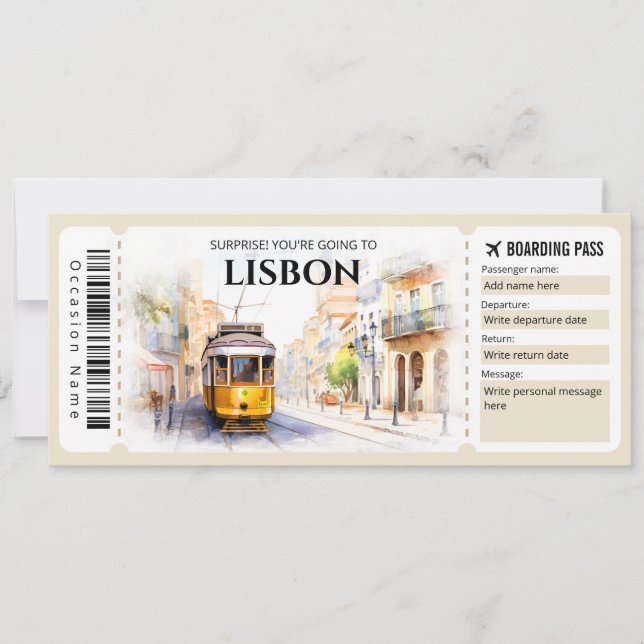 Editable Lisbon Portugal Plane Boarding Pass Invitation (Front)