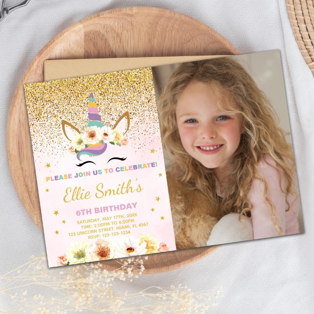 Editable Magical Invite (Glitter Unicorn Birthday Invitation with photo)