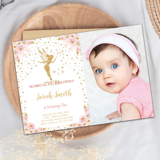 Editable Magical Party Card (Pink Glitter Fairy Birthday Invitations with photo)