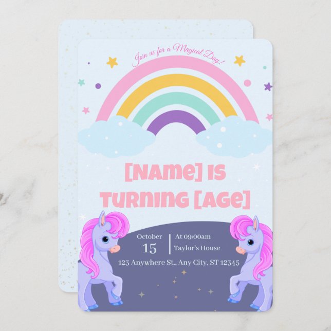 Editable Magical Unicorn Birthday Invitation (Front/Back)