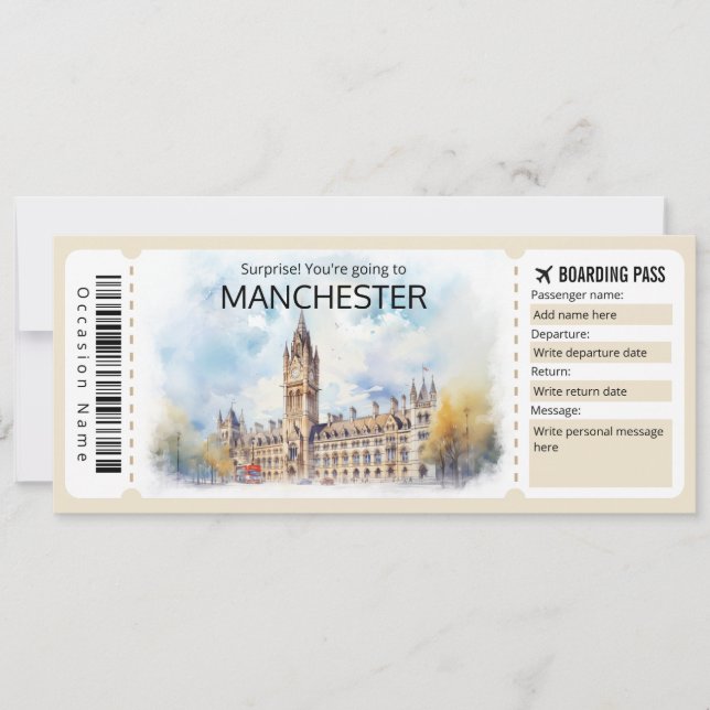 Editable Manchester Plane ticket, England Trip Invitation (Front)