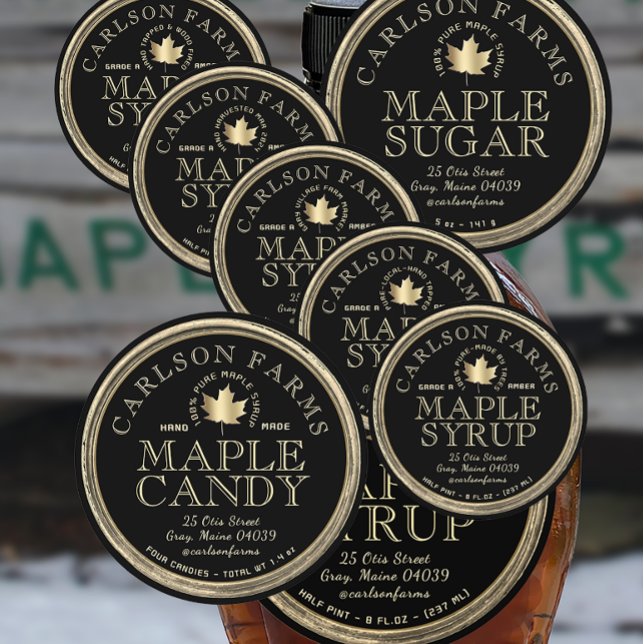 Editable Maple Syrup Fancy Border Black and Gold  Classic Round Sticker (Creator Uploaded)