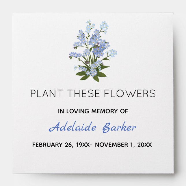 Editable Memorial Forget Me Not Flower Seed Packet Envelope (Front)