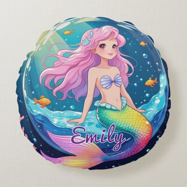 Editable Mermaid Round Pillow – Cute Ocean Bubble (Front)