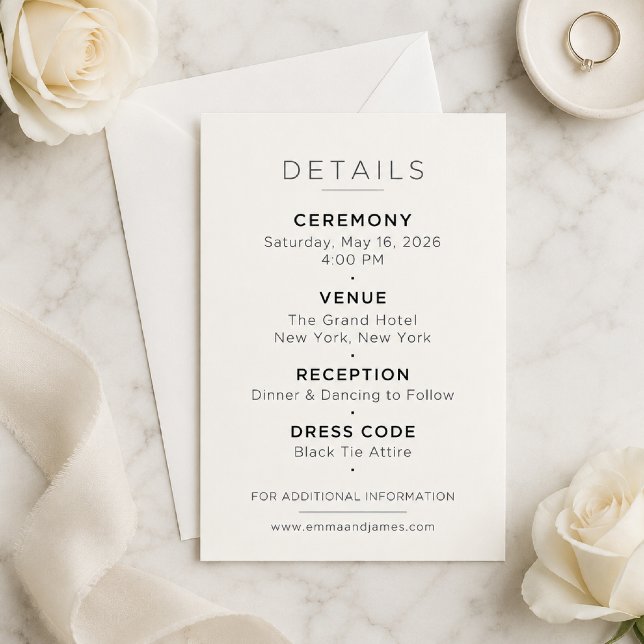 Editable Minimal Wedding Enclosure Card (Elegant Details Card displayed on ivory linen with soft natural light.)