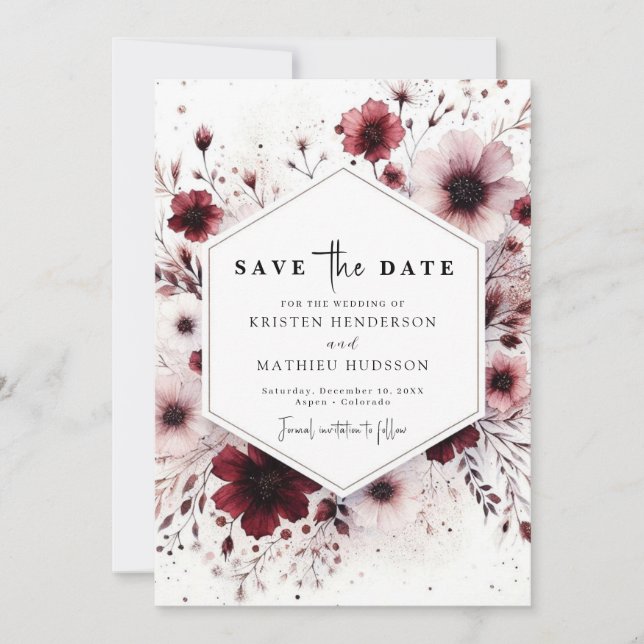 Editable Minimalist Burgundy Wedding Save The Date (Front)