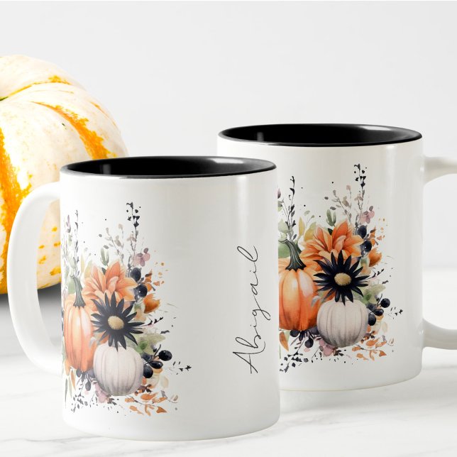 Editable Modern Cute Girly Orange Pumpkin Fall Two-Tone Coffee Mug (Creator Uploaded)
