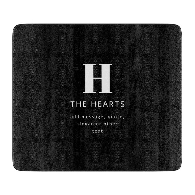 Editable Modern Monogram Name & Message | Black Cutting Board (Front)