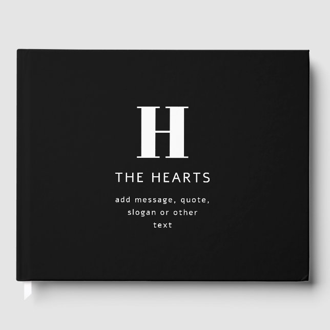 Editable Modern Monogram Name & Message | Black Guest Book (Front)
