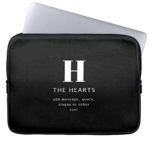 Editable Modern Monogram Name & Message Black Laptop Sleeve