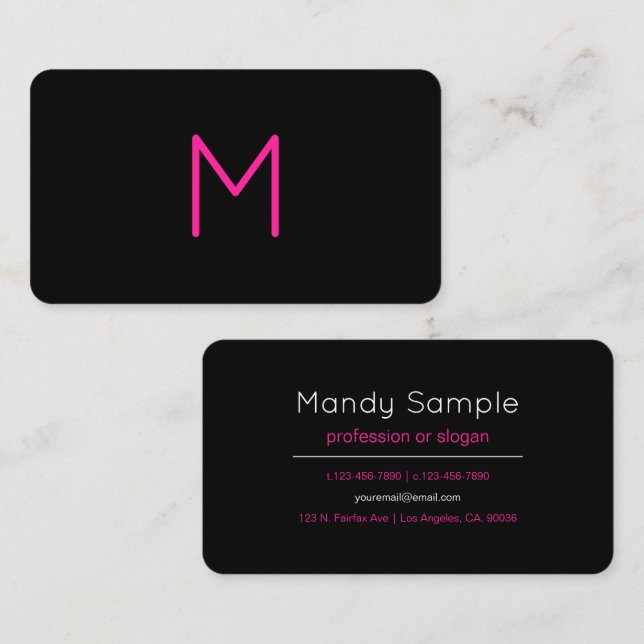 Editable Modern Pink & Black Monogram Business Card (Front/Back)