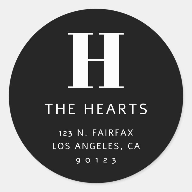 Editable Modern Return Address & Monogram | Black Classic Round Sticker (Front)