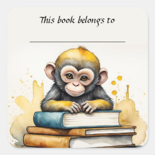 Editable Monkey and Books Bookplate Sticker