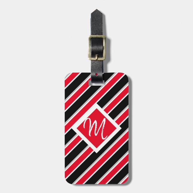 Editable - Monogram Initial Red White Black Luggage Tag (Front Vertical)