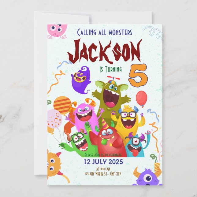Editable Monster Birthday Party Invitation Card (Front)