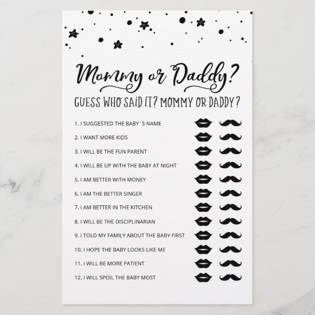 Editable Mummy or Daddy Baby Shower party game (Front)