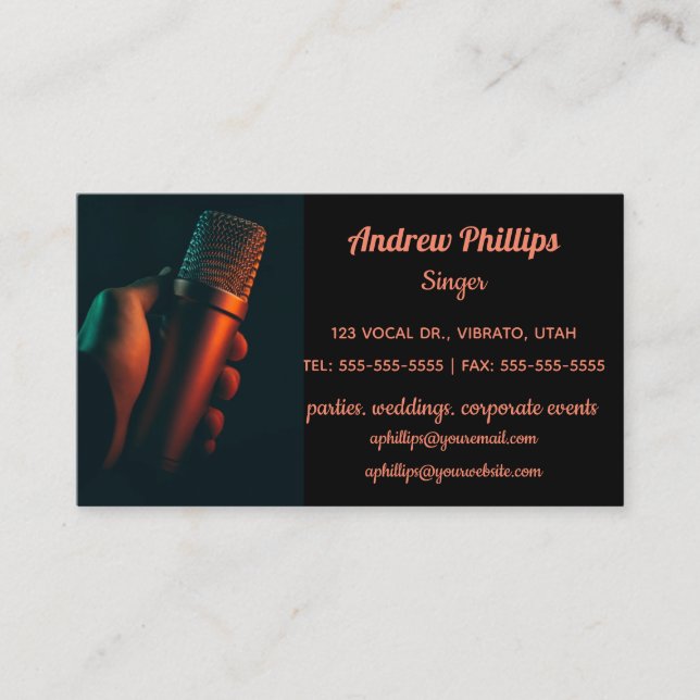 Editable Musicians Microphone Photo Business Card (Front)