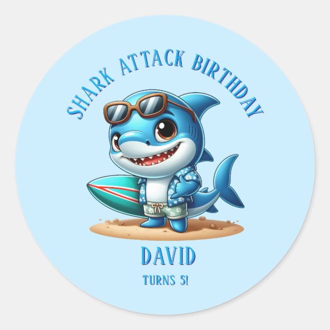 Editable Name Boys Shark Party Favour Sticker (Front)