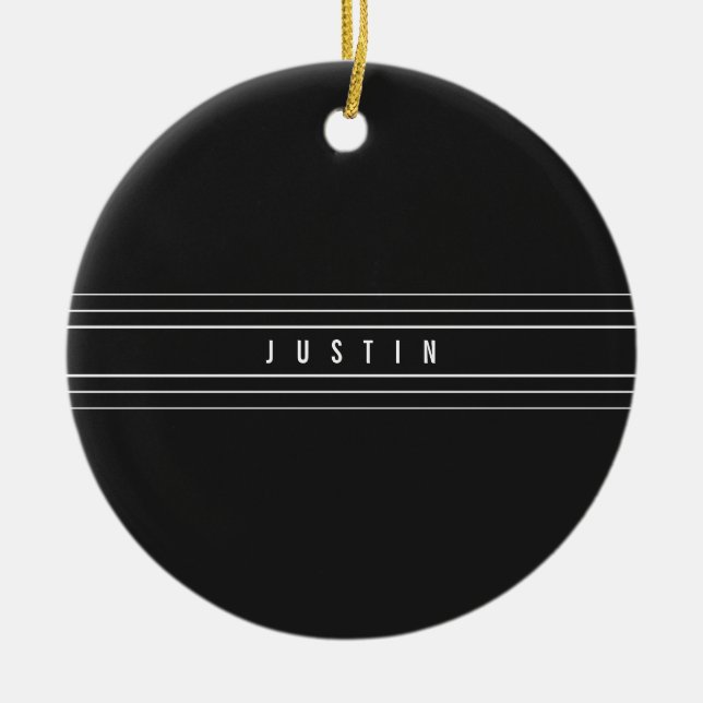 Editable Name & Geometric Stripes | Black & White Ceramic Tree Decoration (Front)