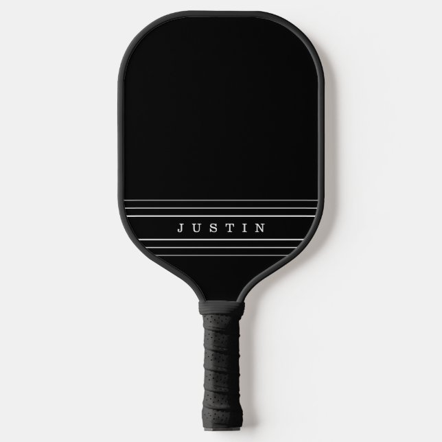 Editable Name & Geometric Stripes | Black & White Pickleball Paddle (Front)