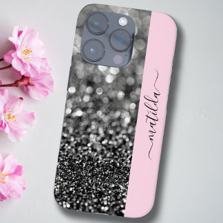 EDITABLE name Glitter Bokeh graphite & baby pink iPhone 16 Pro Case