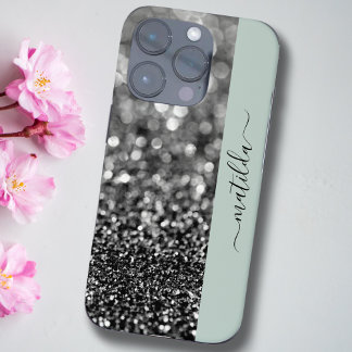 EDITABLE name Glitter Bokeh graphite & sage green iPhone 16 Pro Case