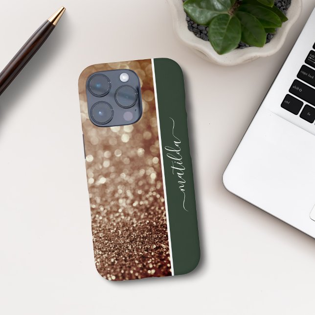 EDITABLE name Glitter Bokeh rose gold & deep green Case-Mate iPhone Case (Creator Uploaded)