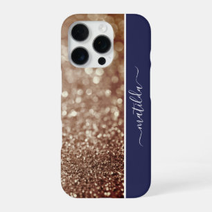 EDITABLE name Glitter Bokeh rose gold & rich blue iPhone 16 Pro Case