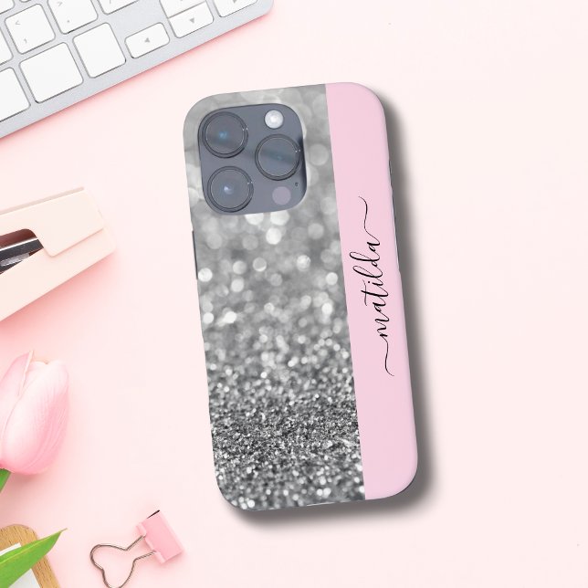 EDITABLE name Glitter Bokeh silver & baby pink Case-Mate iPhone Case (Creator Uploaded)