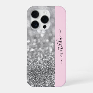EDITABLE name Glitter Bokeh silver & baby pink iPhone 16 Pro Case