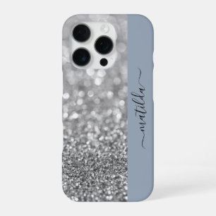 EDITABLE name Glitter Bokeh silver & dusty blue iPhone 16 Pro Case