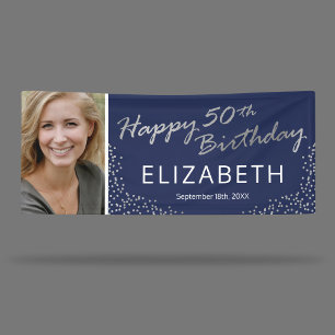Editable Navy Blue Silver 50th Birthday Photo Banner