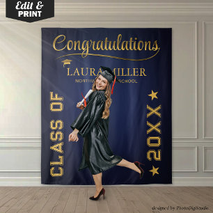 Editable Navy & Gold Graduation Photo Backdrop Tapestry
