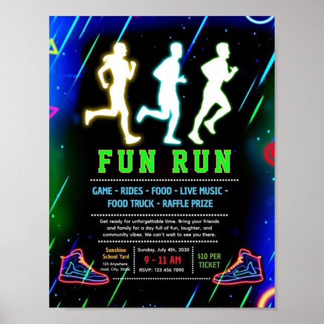 Editable neon glow fun run fundraiser flyer poster (Front)