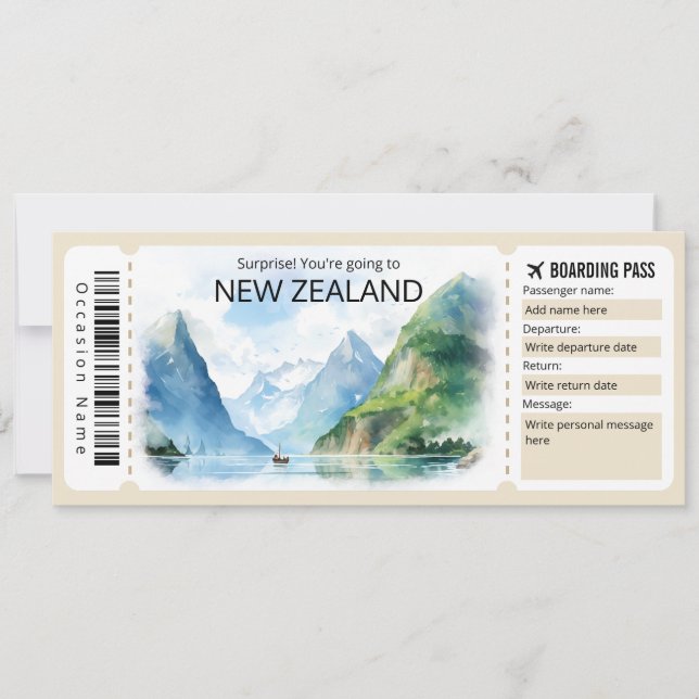 Editable New Zealand Plane ticket, New Zealand Invitation (Front)