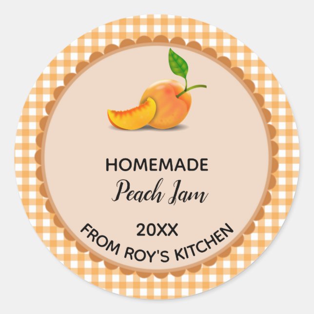 Editable Orange Gingham Peach Jam Label Stickers (Front)