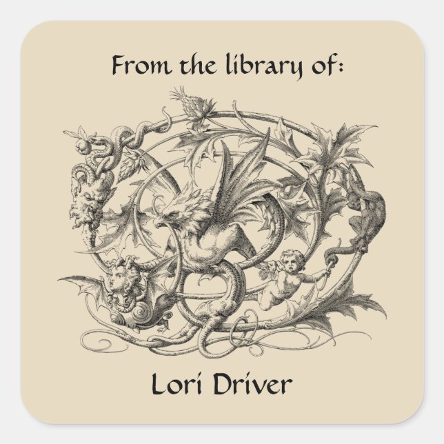 Editable Ornamental Mythological Gryphon Bookplate Square Sticker (Front)