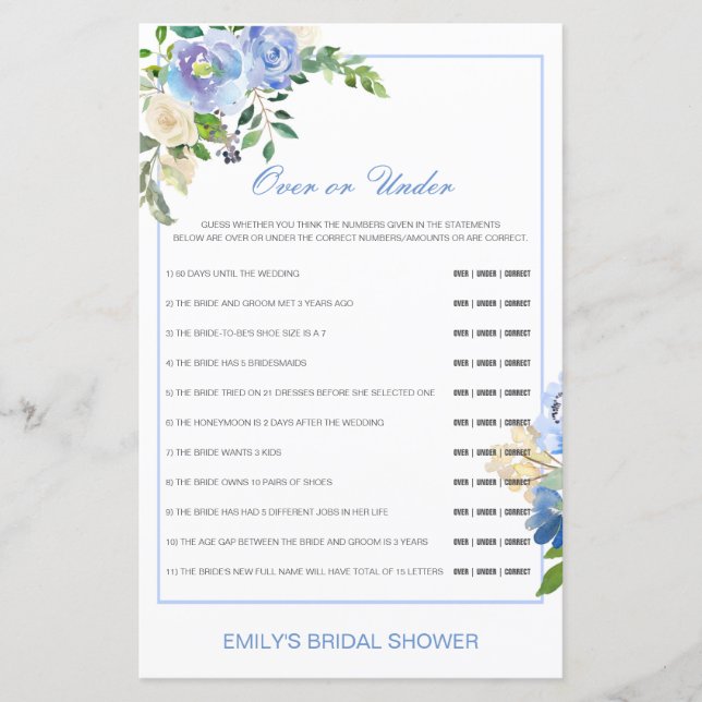 Editable Over or Under Bridal Shower Game (Front)