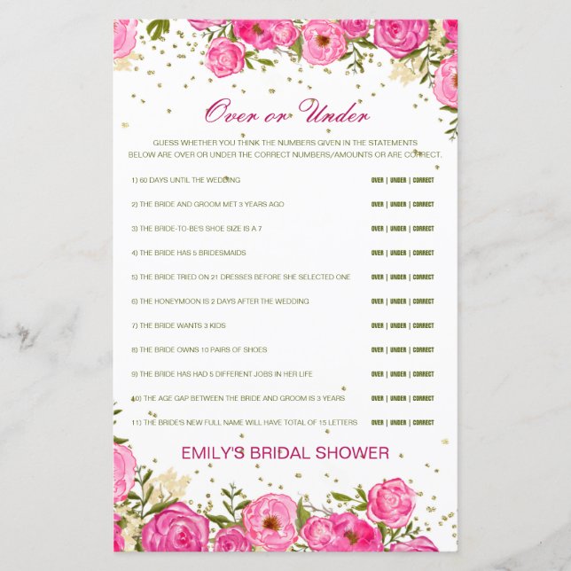 Editable Over or Under Bridal Shower Game (Front)