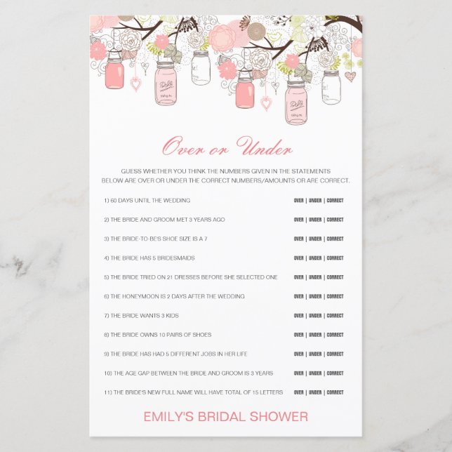Editable Over or Under Bridal Shower Game (Front)