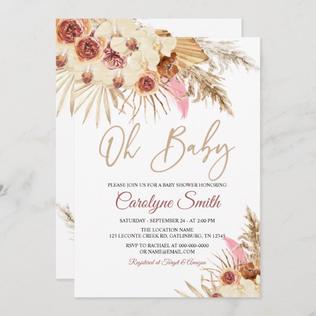 Editable Pampas Grass Oh Baby Shower Invitation (Front/Back)