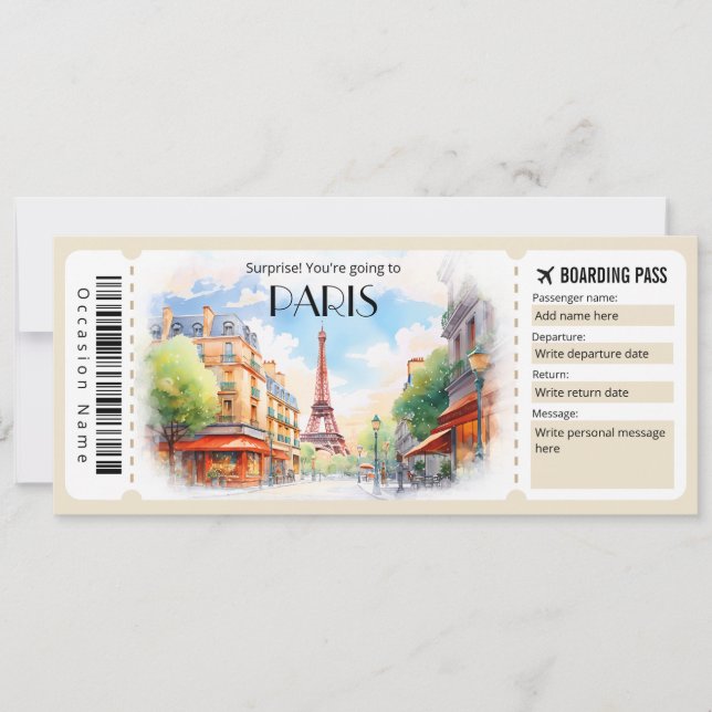 Editable Paris Plane Boarding Pass Ticket Invitation (Front)
