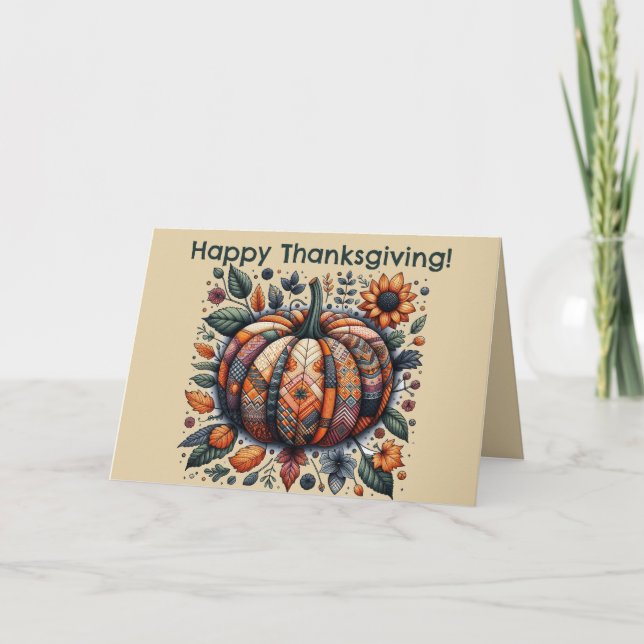 Editable Patchwork Pumpkin Thanksgiving Card (Front)