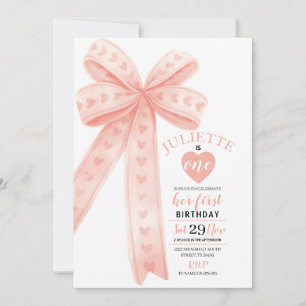 Editable Peach Bow First Girl Birthday Invitation 