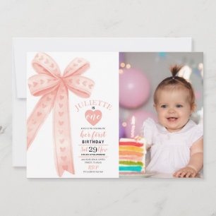Editable Peach Bow First Girl Birthday Photo Invitation