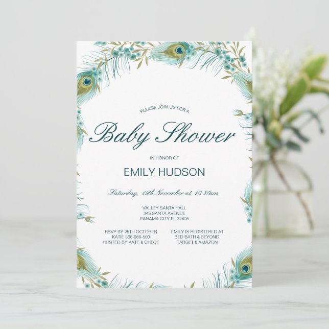Editable Peacock Themed Baby Shower Invitation (Standing Front)