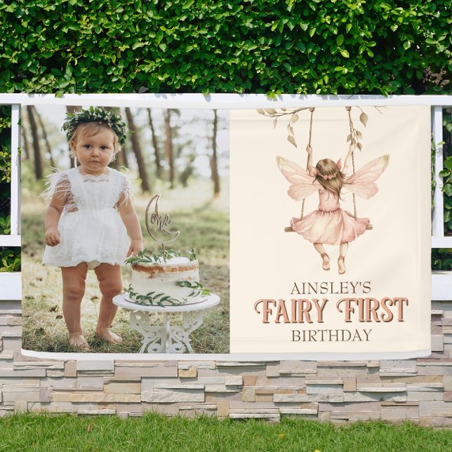 Editable Photo Blush Pink Fairy First 1st Birthday Banner (Creator Uploaded)