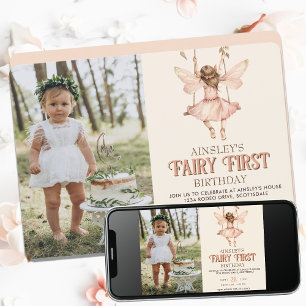 Editable Photo Blush Pink Fairy First 1st Birthday Invitation