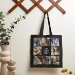 Editable Photo Collage Black Tote Bag<br><div class="desc">Editable photo collage tote bag featuring a black background,  8 family photos,  and a text template that is easy to personalise.</div>